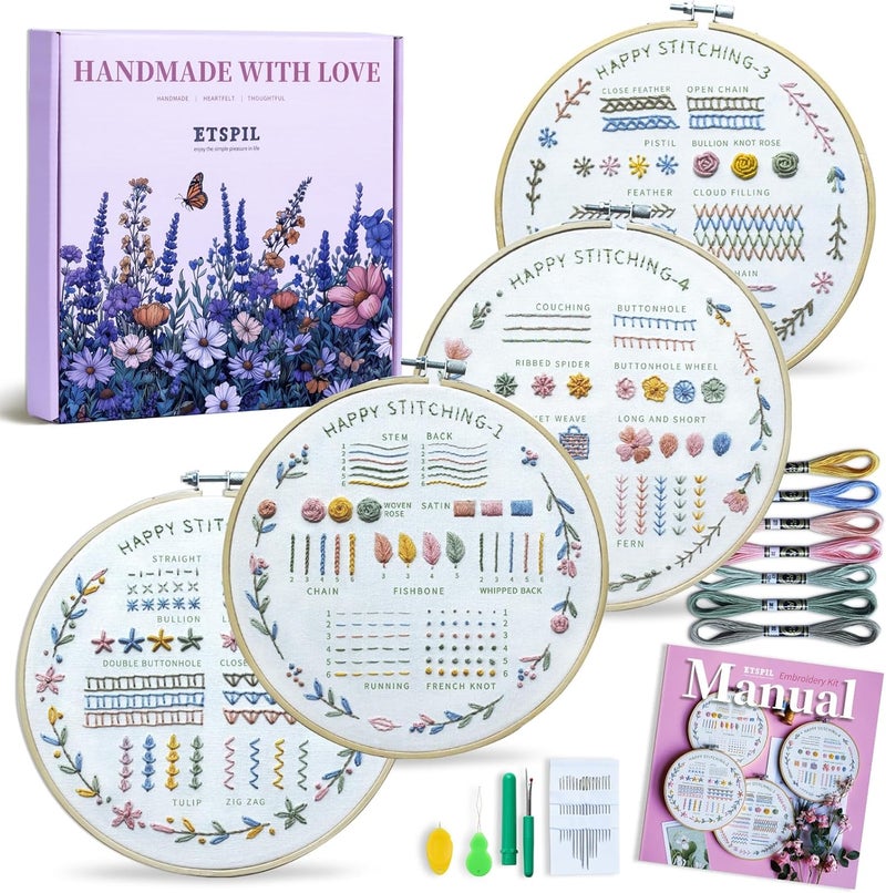 ETSPIL Beginner Embroidery Kit for Adults & Teens – 33 Stitches, Stamped Plant & Wreath Patterns, Hoop, Threads & Tools, Video & Manual Instructions, Easy & Fun DIY Gift for Craft Lovers - Image 1